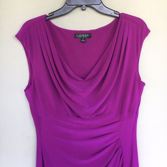 Lauren Ralph Lauren Ruched Cowl Neck Cocktail Dress Magenta Womens 12 Draped - Picture 2 of 14